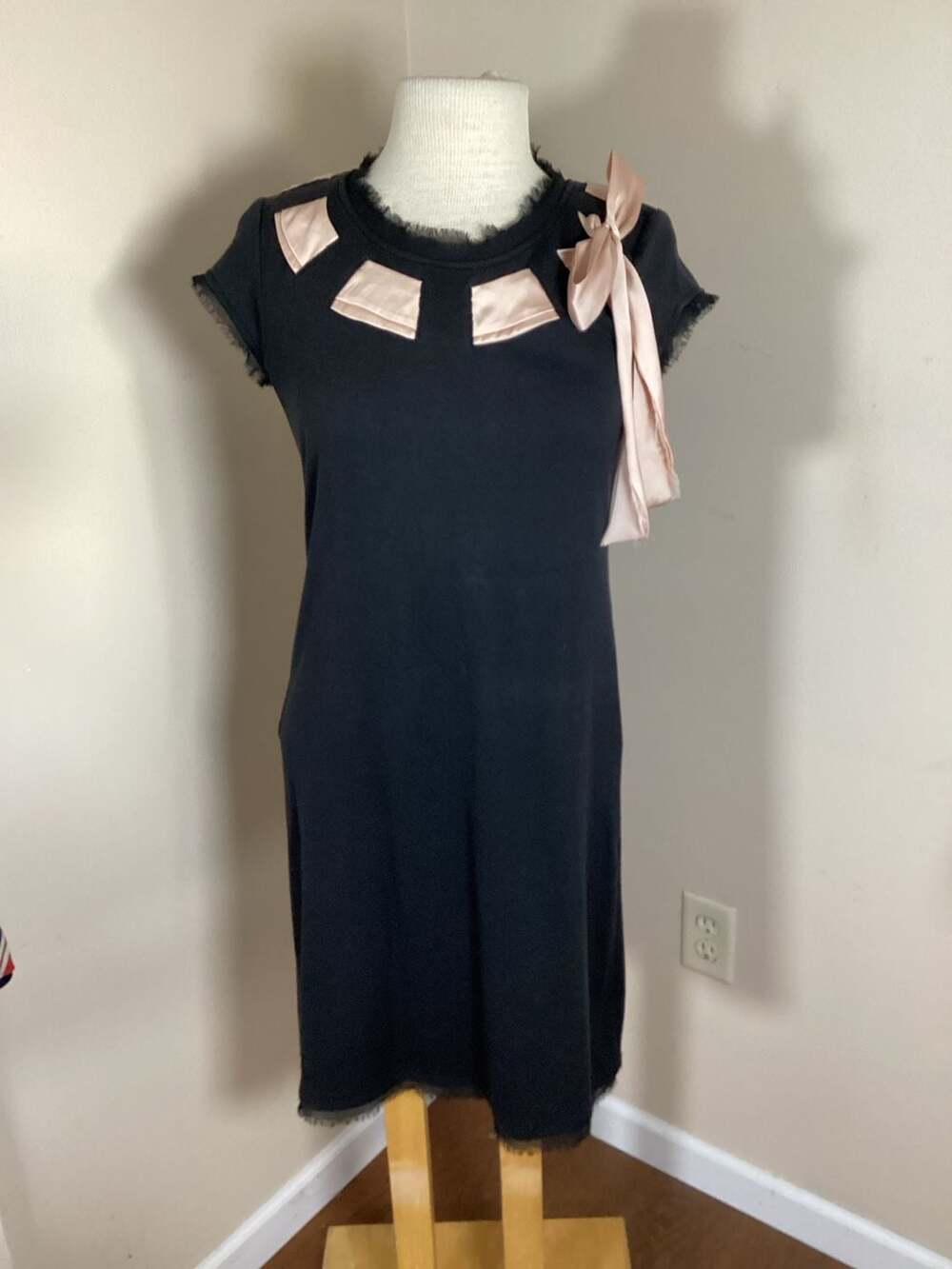 COURAGE.b Black Shift Dress with Pink Satin Bow and Frayed Hem Detail